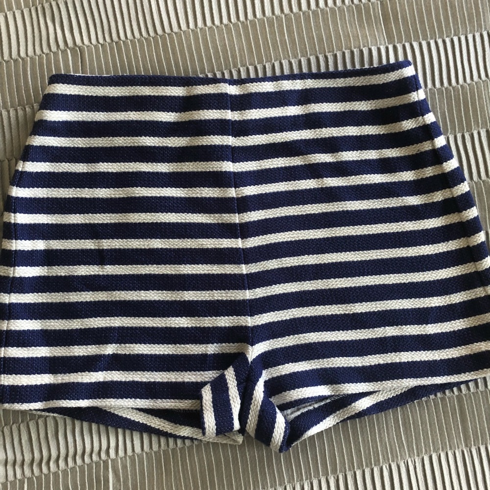 High waist blue and white striped shorts